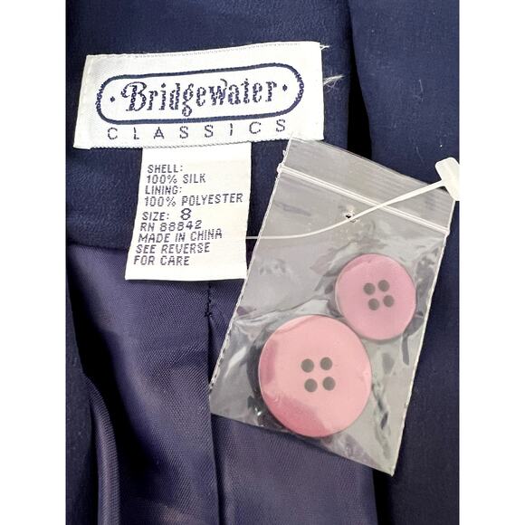 Bridgewater Navy Blue 100% Silk One Button Sewn In Shoulder Pads Blazer Size 8 - Picture 7 of 8